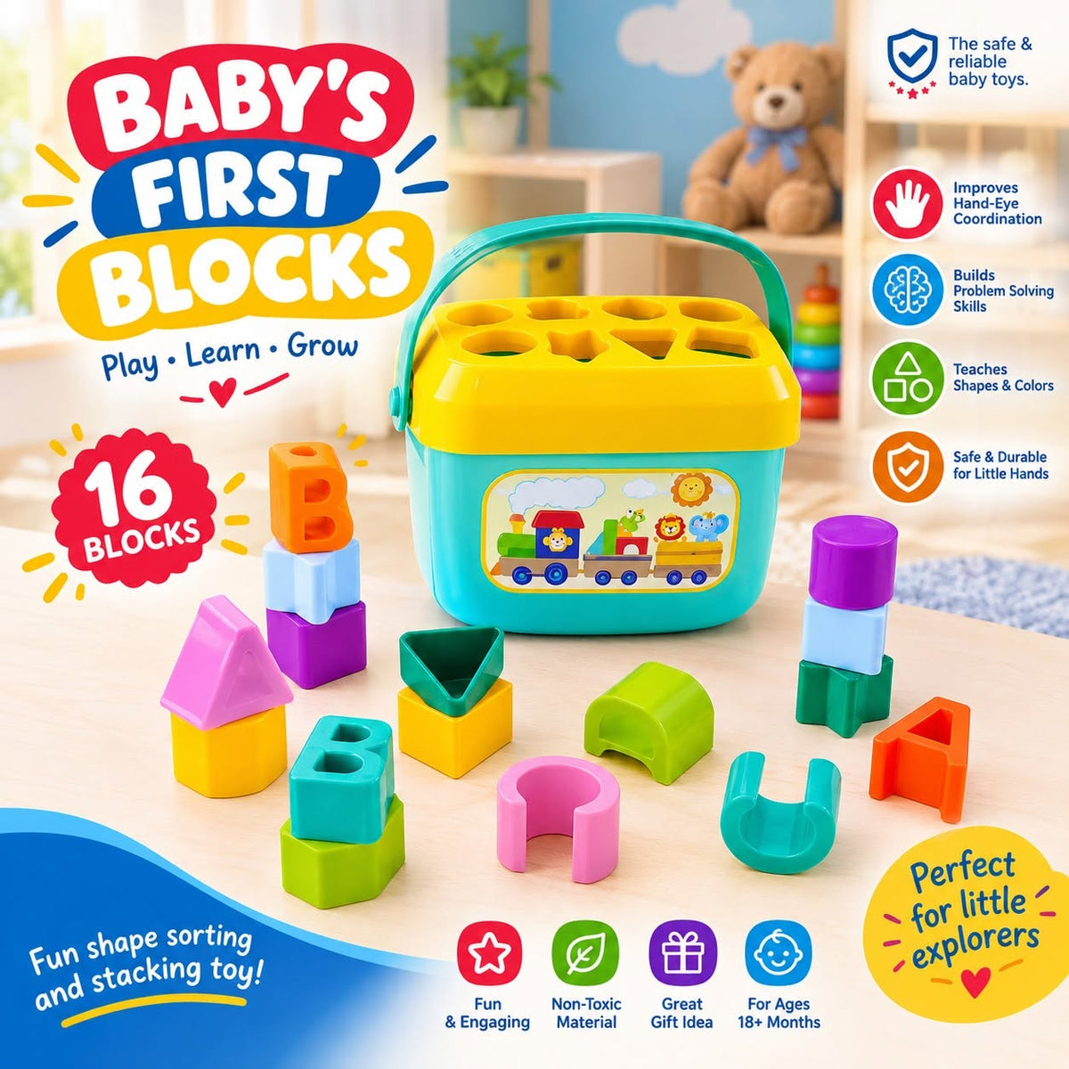 Baby’s First Blocks – 16-Piece Shape Sorting Toy